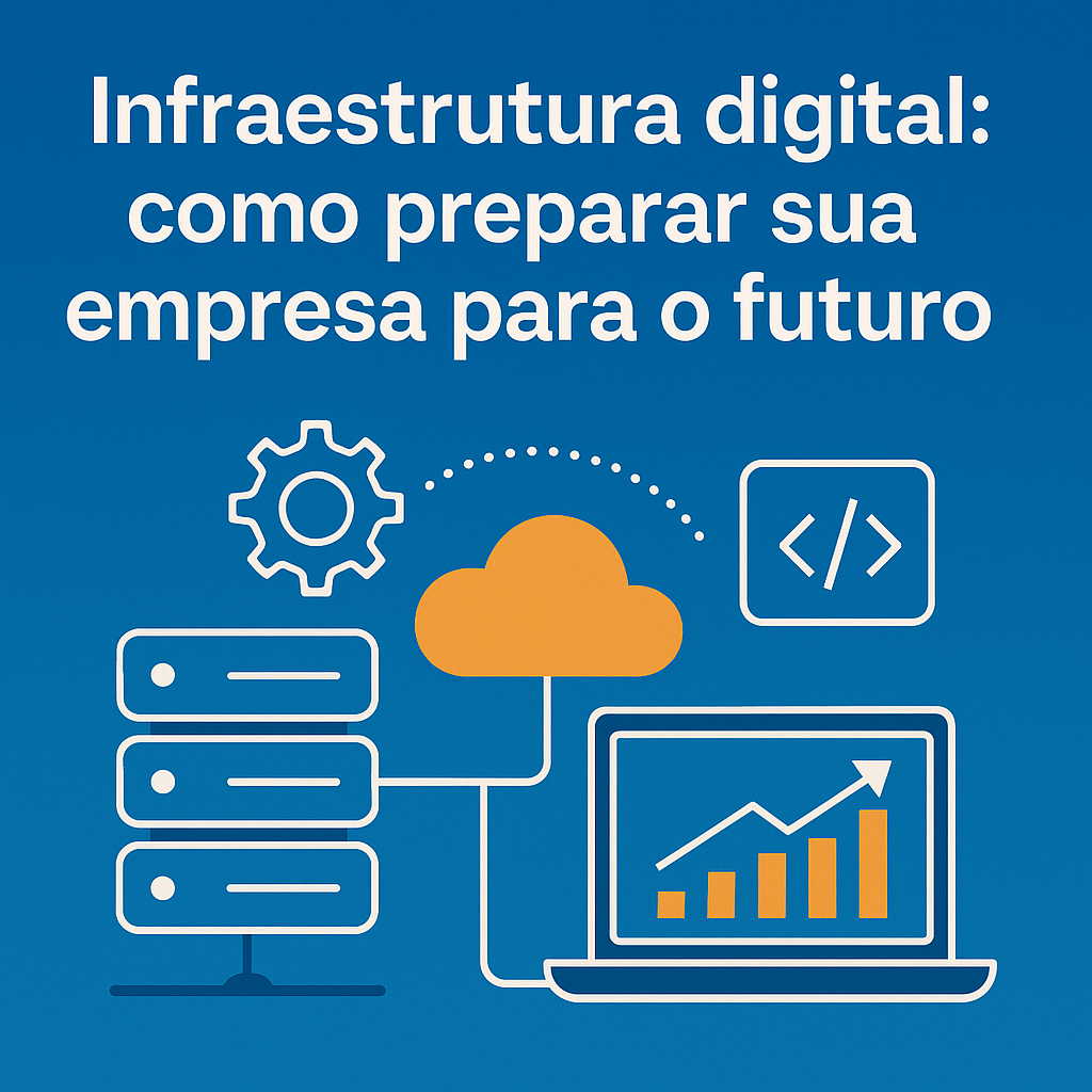 Ilustração de infraestrutura digital corporativa, com servidor, nuvem, engrenagem e laptop conectados por linhas, representando integração e automação inteligente.