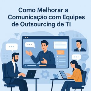 Ilustração moderna mostrando comunicação com equipes de outsourcing de TI: profissionais colaborando remotamente por videoconferência e ferramentas digitais, estilo premium da Dexi Digital.