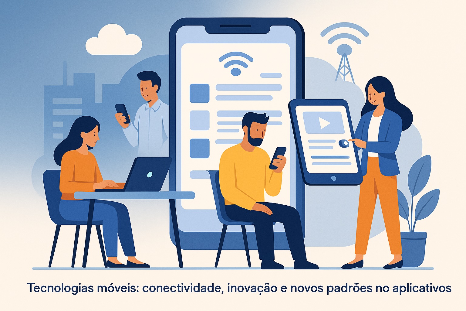 Ilustração moderna mostrando o impacto das tecnologias móveis: profissionais utilizando smartphones, tablets e laptops conectados em ambiente corporativo digital, representando inovação, conectividade e desenvolvimento de aplicativos no estilo premium da Dexi Digital.