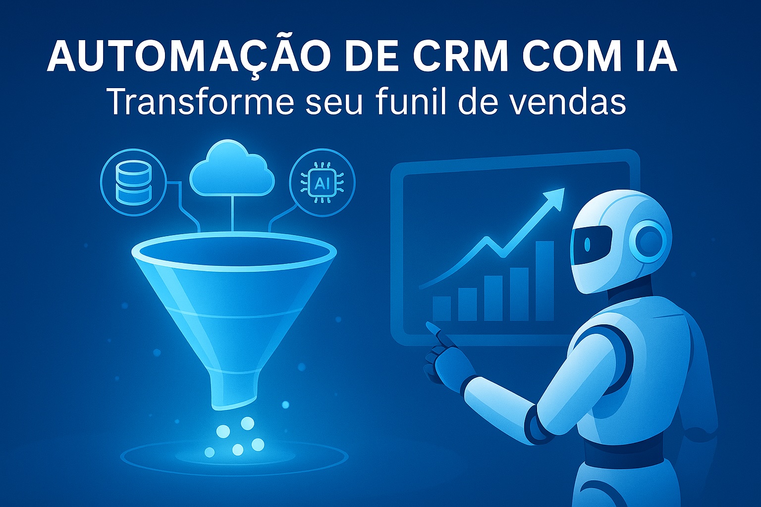 Ilustração moderna representando automação de CRM com inteligência artificial: robô analisando funil de vendas conectado a dados e nuvem, simbolizando eficiência, previsibilidade e crescimento.