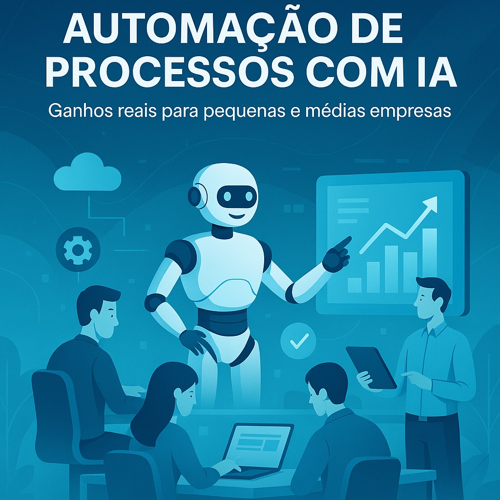 Ilustração moderna mostrando automação de processos com inteligência artificial em pequenas e médias empresas: robô e humanos trabalhando juntos em um ambiente corporativo, com ícones de gráficos, nuvem e eficiência. Estilo premium, fundo tecnológico e estética Dexi Digital.