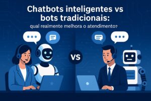 Ilustração moderna comparando chatbots inteligentes e bots tradicionais — um chatbot com IA conversa de forma natural com uma atendente, enquanto um bot tradicional mostra interação limitada. Estilo premium da Dexi Digital, em tons de azul e cinza com fundo tecnológico.