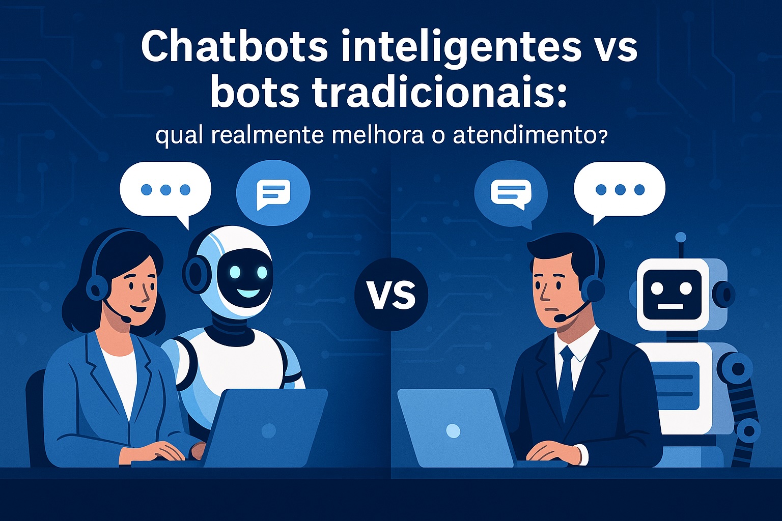Ilustração moderna mostrando chatbots inteligentes vs bots tradicionais — atendimento humano e automatizado em contraste, estilo premium da Dexi Digital.