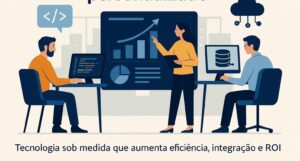 Ilustração moderna mostrando o desenvolvimento de software personalizado: profissionais colaborando em ambiente tecnológico, com código, design e dados integrados, estilo premium da Dexi Digital.