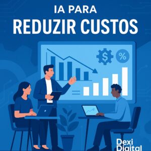 Ilustração moderna sobre IA para reduzir custos — equipe corporativa analisando gráficos de economia e eficiência, representando o uso da inteligência artificial em processos empresariais. Estilo premium da Dexi Digital, em tons de azul e cinza.