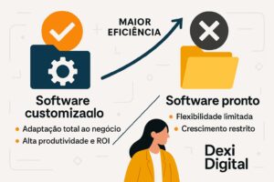Ilustração moderna mostrando a diferença entre software customizado e software pronto — profissionais colaborando em ambiente corporativo, representando eficiência, automação e ROI no estilo premium da Dexi Digital.
