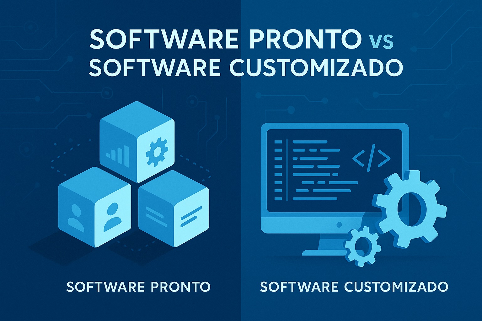 Ilustração moderna em tons de azul comparando software pronto e software customizado: à esquerda, blocos padronizados de sistema; à direita, tela com código e engrenagens representando personalização. Fundo tecnológico e estética corporativa premium da Dexi Digital.