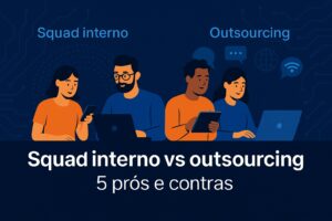Ilustração moderna sobre squad interno vs outsourcing — duas equipes de tecnologia trabalhando em ambientes diferentes, simbolizando comparação entre modelo interno e terceirizado. Estilo premium da Dexi Digital, com tons de azul e cinza e fundo tecnológico.