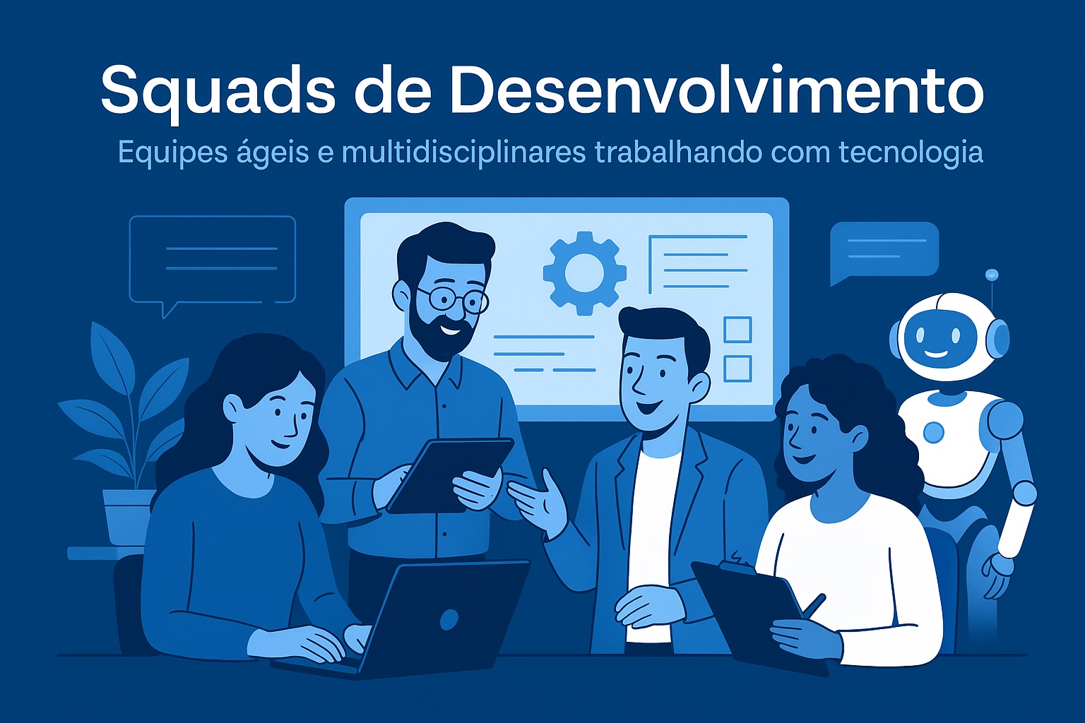 Ilustração moderna mostrando Squads de Desenvolvimento: equipes ágeis e multidisciplinares colaborando com tecnologia e inovação em ambiente corporativo, estilo premium da Dexi Digital.