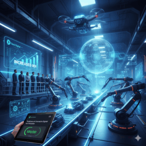 Tendências em inovação digital nas indústrias: fábrica futurista com robôs e painéis de ROI